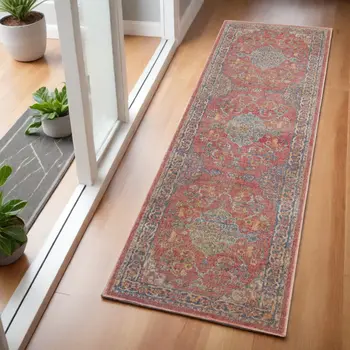 6' Blue and Red Floral Distressed Non Skid Runner Rug