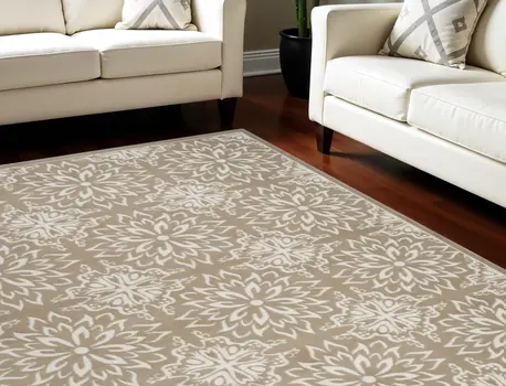 8' X 10' Taupe and Ivory Floral Non Skid Area Rug