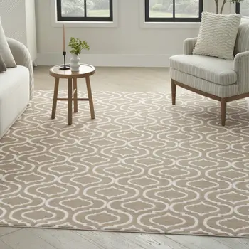 8' X 10' Taupe and Ivory Trellis Non Skid Area Rug