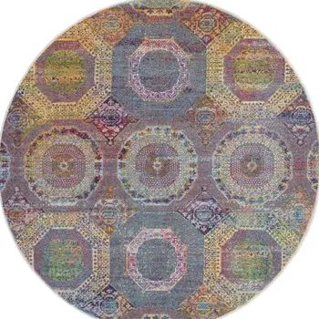 6' Blue Red and Orange Geometric Distressed Non Skid Round Rug