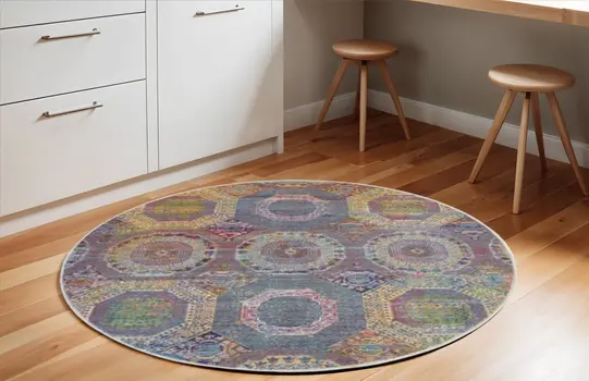 6' Blue Red and Orange Geometric Distressed Non Skid Round Rug