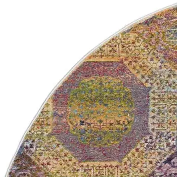 6' Blue Red and Orange Geometric Distressed Non Skid Round Rug