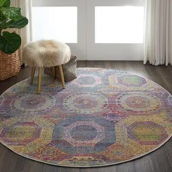 6' Blue Red and Orange Geometric Distressed Non Skid Round Rug