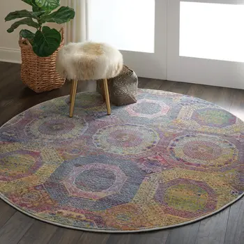 6' Blue Red and Orange Geometric Distressed Non Skid Round Rug