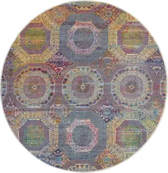 6' Blue Red and Orange Geometric Distressed Non Skid Round Rug