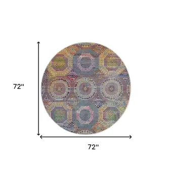 6' Blue Red and Orange Geometric Distressed Non Skid Round Rug