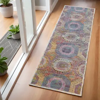 6' Blue Red and Orange Geometric Distressed Non Skid Runner Rug