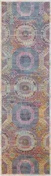 6' Blue Red and Orange Geometric Distressed Non Skid Runner Rug