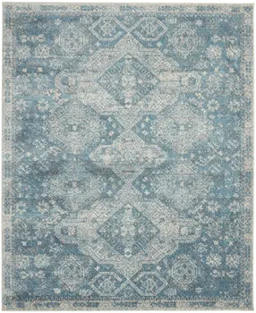 7' X 10' Ivory and Light Blue Geometric Distressed Area Rug