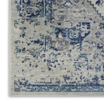 7' X 10' Ivory And Light Blue Floral Medallion Distressed Area Rug