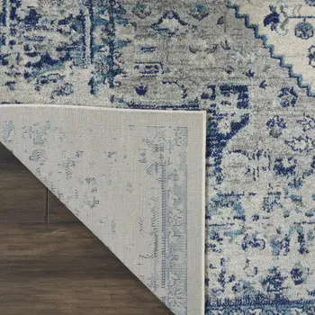 7' X 10' Ivory And Light Blue Floral Medallion Distressed Area Rug
