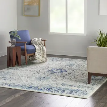 7' X 10' Ivory And Light Blue Floral Medallion Distressed Area Rug