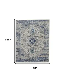 7' X 10' Ivory And Light Blue Floral Medallion Distressed Area Rug