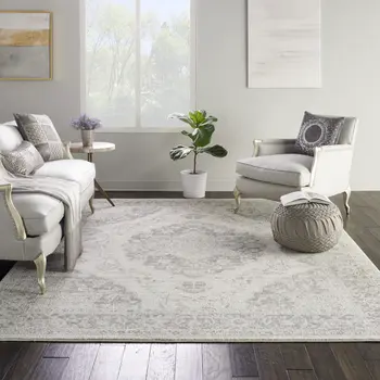 7' X 10' Ivory And Gray Floral Medallion Distressed Area Rug