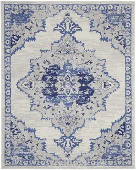 8' X 10' Ivory Blue and Gray Floral Medallion Distressed Non Skid Area Rug