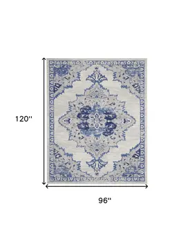8' X 10' Ivory Blue and Gray Floral Medallion Distressed Non Skid Area Rug