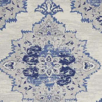 8' X 10' Ivory Blue and Gray Floral Medallion Distressed Non Skid Area Rug