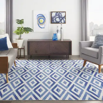 8' X 10' Ivory and Blue Geometric Distressed Non Skid Area Rug