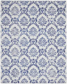 8' X 10' Ivory and Navy Blue Damask Distressed Non Skid Area Rug