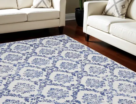 8' X 10' Ivory and Navy Blue Damask Distressed Non Skid Area Rug