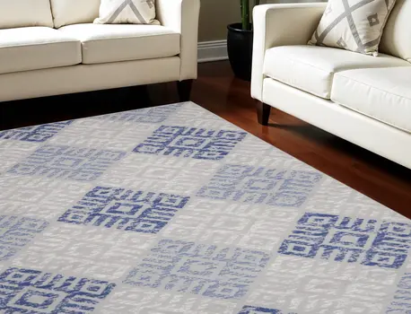 8' X 10' Beige Blue and Gray Geometric Distressed Non Skid Area Rug
