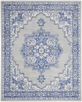 8' X 10' Ivory Blue and Gray Floral Medallion Distressed Non Skid Area Rug