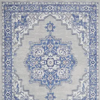 8' X 10' Ivory Blue and Gray Floral Medallion Distressed Non Skid Area Rug