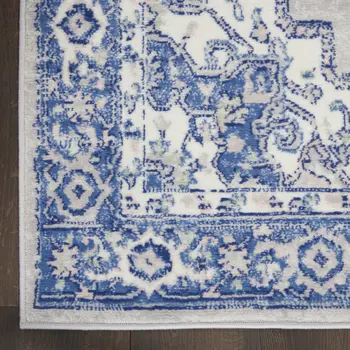 8' X 10' Ivory Blue and Gray Floral Medallion Distressed Non Skid Area Rug