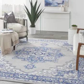 8' X 10' Ivory Blue and Gray Floral Medallion Distressed Non Skid Area Rug