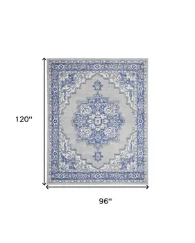 8' X 10' Ivory Blue and Gray Floral Medallion Distressed Non Skid Area Rug