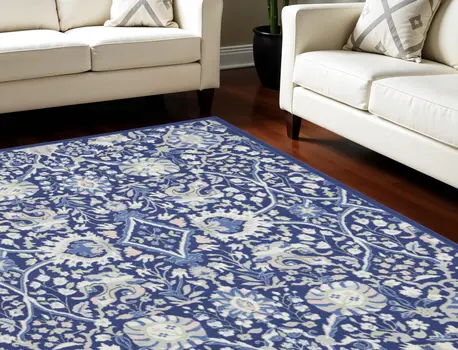 8' X 10' Navy Blue Ivory and Beige Floral Distressed Non Skid Area Rug