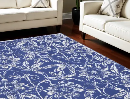 8' X 10' Ivory and Navy Blue Floral Distressed Non Skid Area Rug