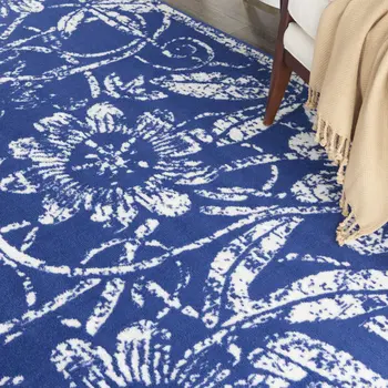8' X 10' Ivory and Navy Blue Floral Distressed Non Skid Area Rug
