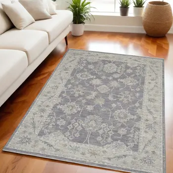 8' X 10' Gray and Ivory Floral Power Loom Area Rug