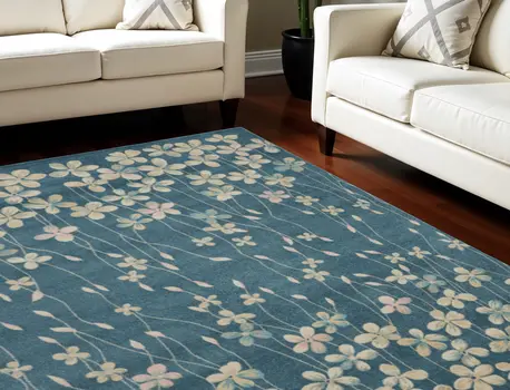 8' X 10' Turquoise and Cream Floral Area Rug