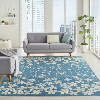 8' X 10' Turquoise and Cream Floral Area Rug