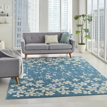 8' X 10' Turquoise and Cream Floral Area Rug