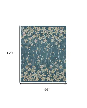 8' X 10' Turquoise and Cream Floral Area Rug