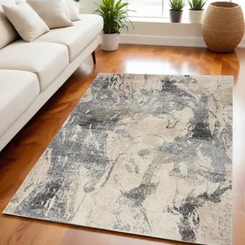 5' X 7' Cream and Gray Abstract Distressed Area Rug