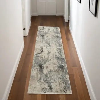 8' Cream and Gray Abstract Distressed Runner Rug