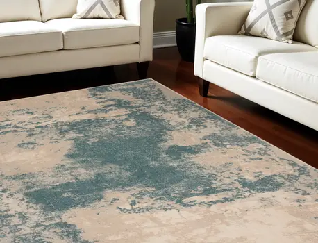 8' X 11' Teal and Ivory Abstract Non Skid Area Rug
