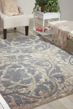 8' X 11' Ivory Blue and Slate Gray Floral Distressed Non Skid Area Rug