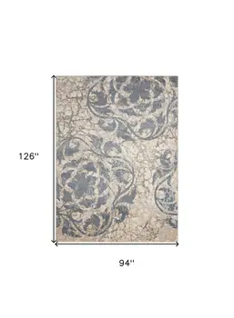 8' X 11' Ivory Blue and Slate Gray Floral Distressed Non Skid Area Rug