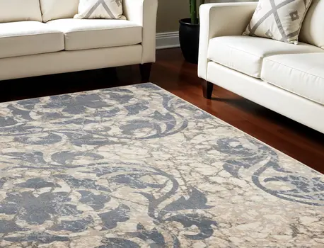 8' X 11' Ivory Blue and Slate Gray Floral Distressed Non Skid Area Rug