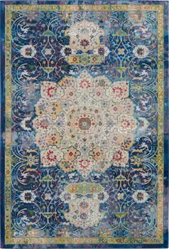 5' X 8' Ivory Blue and Green Floral Medallion Distressed Non Skid Area Rug