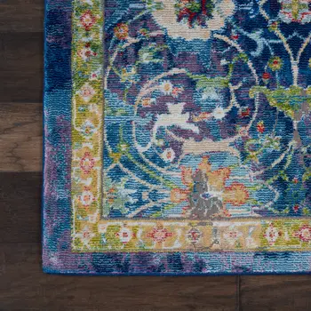 5' X 8' Ivory Blue and Green Floral Medallion Distressed Non Skid Area Rug