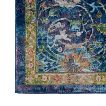 5' X 8' Ivory Blue and Green Floral Medallion Distressed Non Skid Area Rug