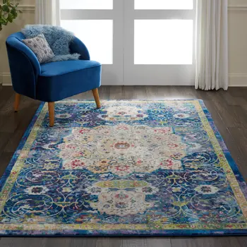 5' X 8' Ivory Blue and Green Floral Medallion Distressed Non Skid Area Rug