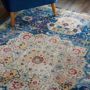 5' X 8' Ivory Blue and Green Floral Medallion Distressed Non Skid Area Rug