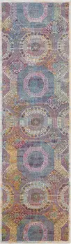 8' Blue Red and Orange Geometric Distressed Non Skid Runner Rug